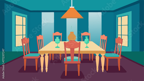 A dining room with a large oak table surrounded by mismatched chairs from different eras.
