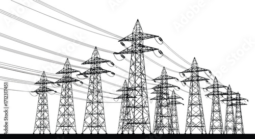 Silhouette of high voltage power transmission towers, electrical grid line, industrial infrastructure, energy distribution network, modern utility system
