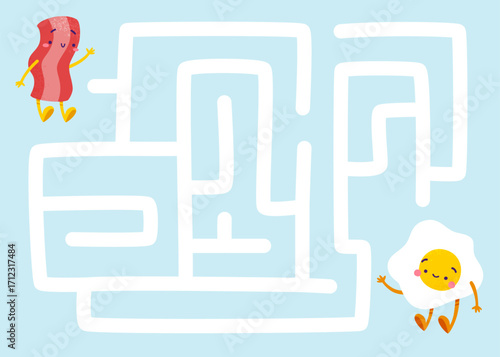 Cute maze for kids with breakfast character. Cartoon labyrinth mini game with food.