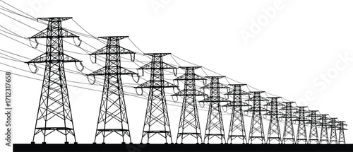 Silhouette of high voltage power transmission towers, electrical grid line, industrial infrastructure, energy distribution network, modern utility system