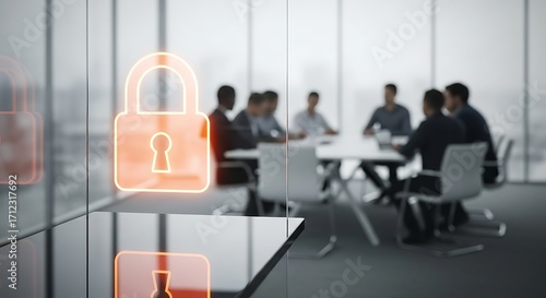 Blurred image of a business meeting with a glowing orange padlock symbol superimposed, symbolizing corporate security and confidentiality