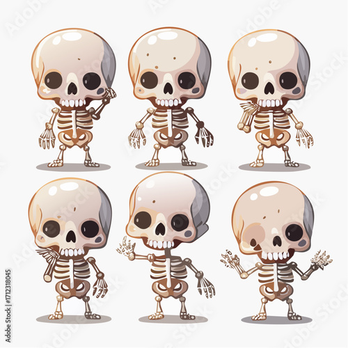 Six cartoon skeletons with different poses and expressions, standing against a white background.