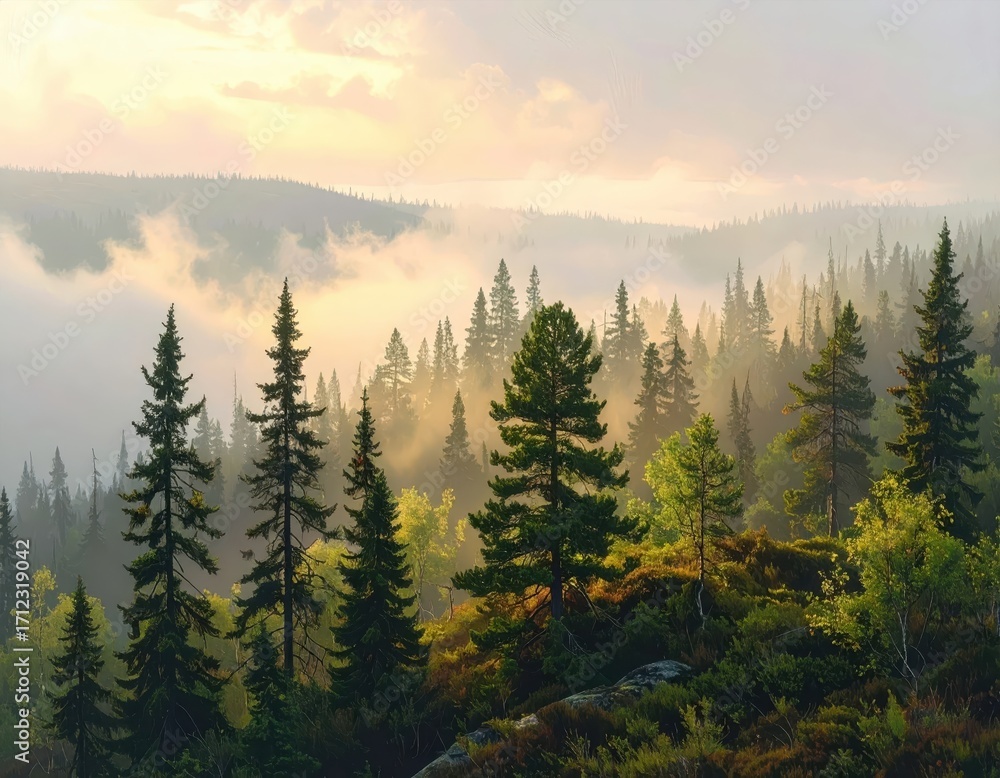 Obraz premium A misty sunrise illuminates a dense forest, showcasing towering trees and a tranquil mountain landscape.