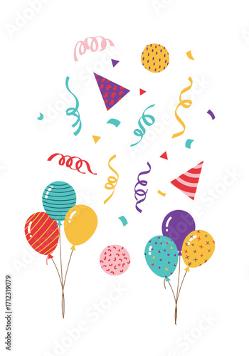 A vibrant celebration with balloons confetti and party hats.