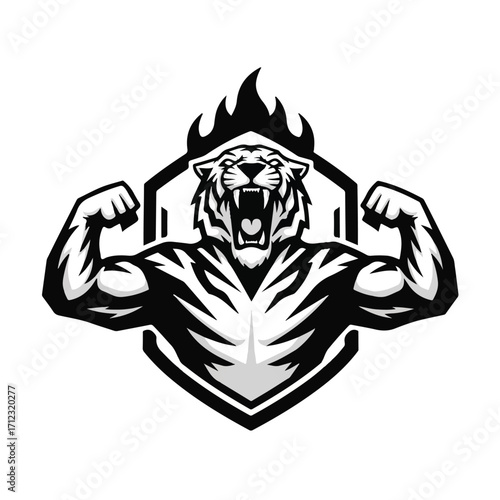 Muscular tiger flexing its biceps, roaring fiercely, with flames above a geometric shield in a black and white graphic design.