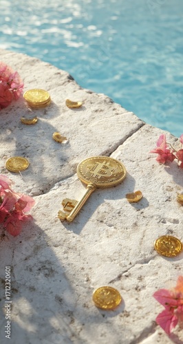 Golden key with coins near pool, pink flowers