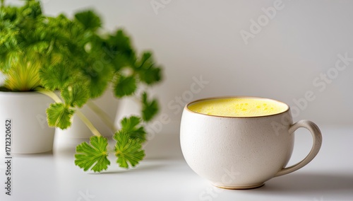 Golden milk in a beige mug beside a potted plant