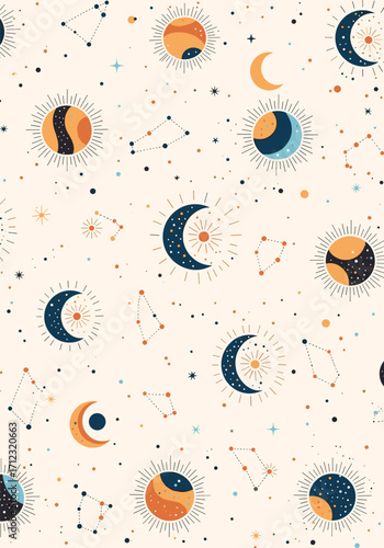 A whimsical celestial pattern featuring stars moons and planets.