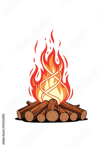 A vibrant bonfire crackles brightly illuminating the surrounding night with its warm and inviting glow.