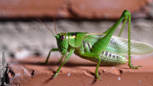 Vibrant green grasshopper insect in extreme close up macro view.