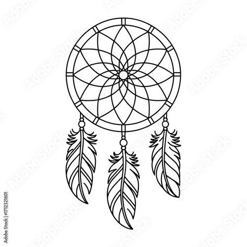 Dreamcatcher with Feathers - Bohemian Wall Hanging Decor Illustration Coloring page