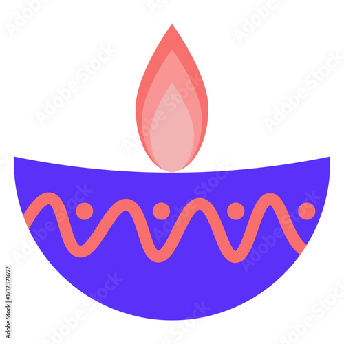 Modern Deepavali lamp illustration in vibrant purple with soft pink flame, decorative dots and wavy line, perfect for Festival of Lights posters, Pinterest pins, greeting cards, website hero images.
