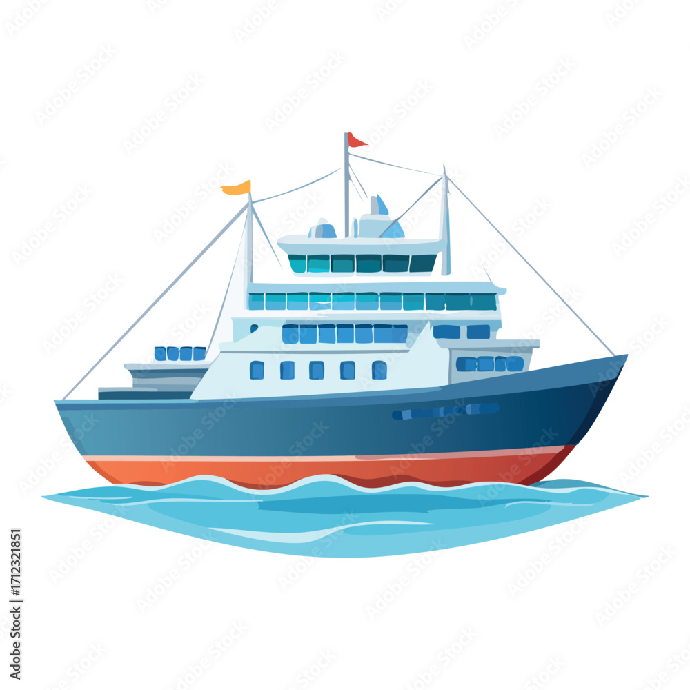 Fototapeta premium Illustration of a large passenger ship sailing on blue water, featuring a multi-level structure and flags on top.