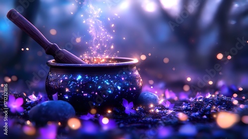 Magical cauldron with glowing sparkles and purple smoke against dark mystical forest background, creating enchanted atmosphere with bokeh lights.