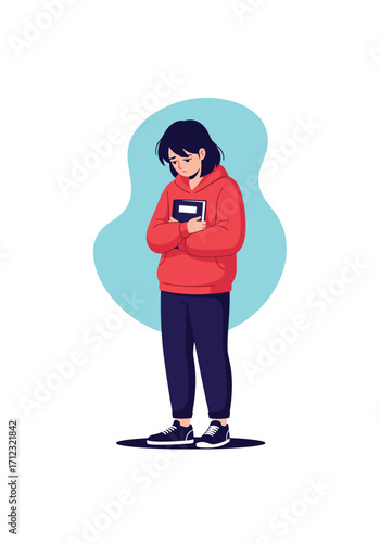 A thoughtful young person clutching a book with a calm expression.