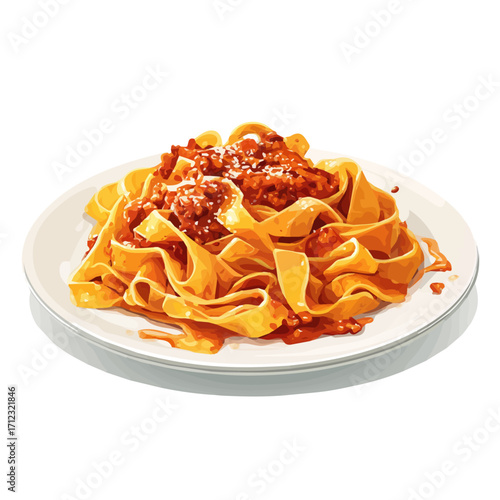 2D flat vector graphic of a Fettuccine Bolognese in icon style, isolated on white background