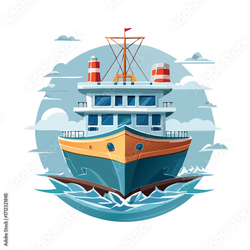 A stylized illustration of a large boat sailing on the ocean, with a blue sky.