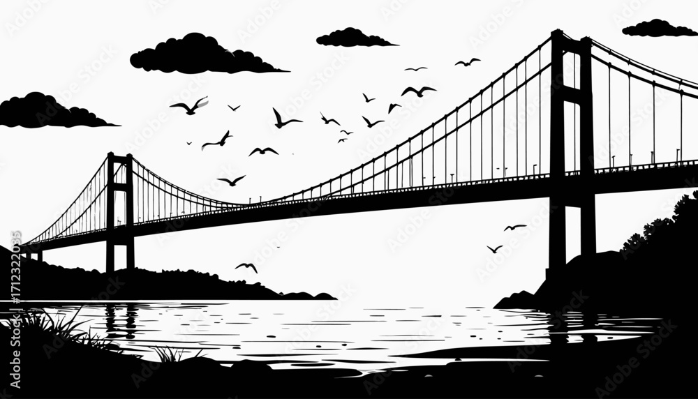 A silhouette image of a suspension bridge spanning a body of water, with birds flying overhead.