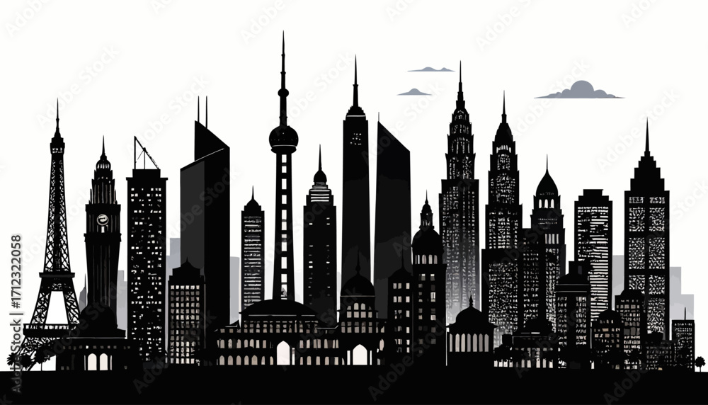 Fototapeta premium Silhouette of a city skyline showcasing iconic buildings and structures.