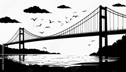 A silhouette image of a suspension bridge spanning a body of water, with birds flying overhead.