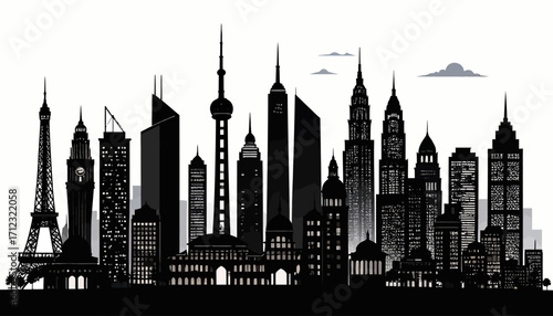 Silhouette of a city skyline showcasing iconic buildings and structures.