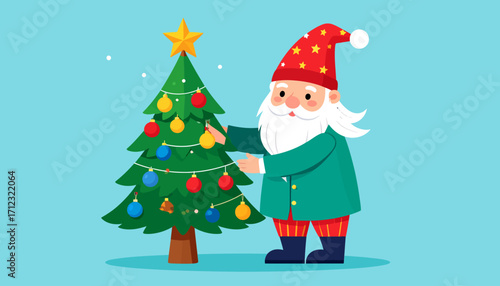 Christmas Gnome Decorating a Festive Tree with Colorful Ornaments and Star Topper