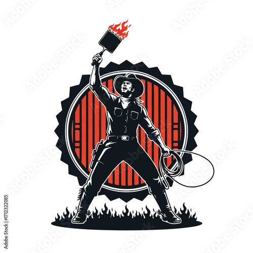 A cowboy figure triumphantly holds a flaming brush, with a lasso in hand, against a grill backdrop.