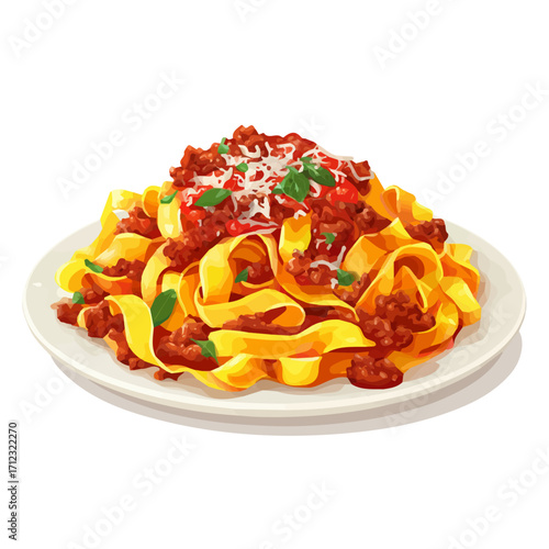 Flat 2D Fettuccine Bolognese vector illustration, icon graphic on white background