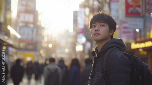 Young man in city. Realistic man in a video with a student. A class of eco-conscious walking in the buildings of taiwan. A young man in an urban lifestyle area.