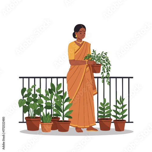 A nurturing Indian woman in a soft cotton saree gently tends to her vibrant potted plants on a sunlit balcony, depicted in a clean 2D vector style.