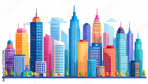 Colorful City Skyline A Vibrant Vector Illustration of Modern Skyscrapers and Urban Landscape