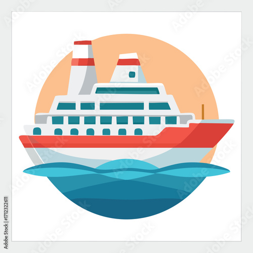 Flat design illustration of a cruise ship on calm water, with a sunset background.