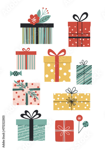 A collection of beautifully decorated gift boxes with colorful ribbons and bows.