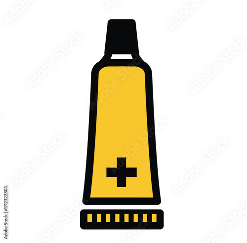 Yellow tube with black cap and medical cross symbol