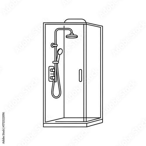Modern Shower Enclosure with Showerhead and Door - Bathroom Interior Design Illustration Line art