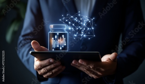 Wallpaper Mural Businessman holding a tablet with a digital icon of artificial intelligence and data in hand, a technology concept. The artwork showcases AI data in the style of dark navy blue and light gray Torontodigital.ca