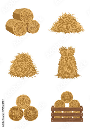 A collection of various hay bale and straw pile illustrations on a white background.