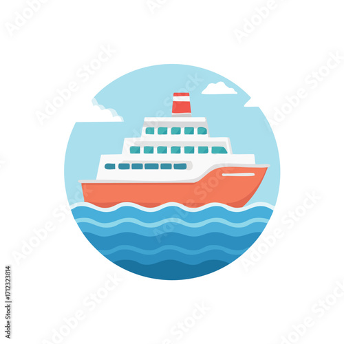 A stylized illustration of a cruise ship sailing on blue ocean waves under a cloudy sky.
