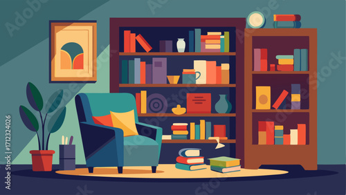 A cozy reading nook in the corner with a bookshelf filled with art history books and magazines.