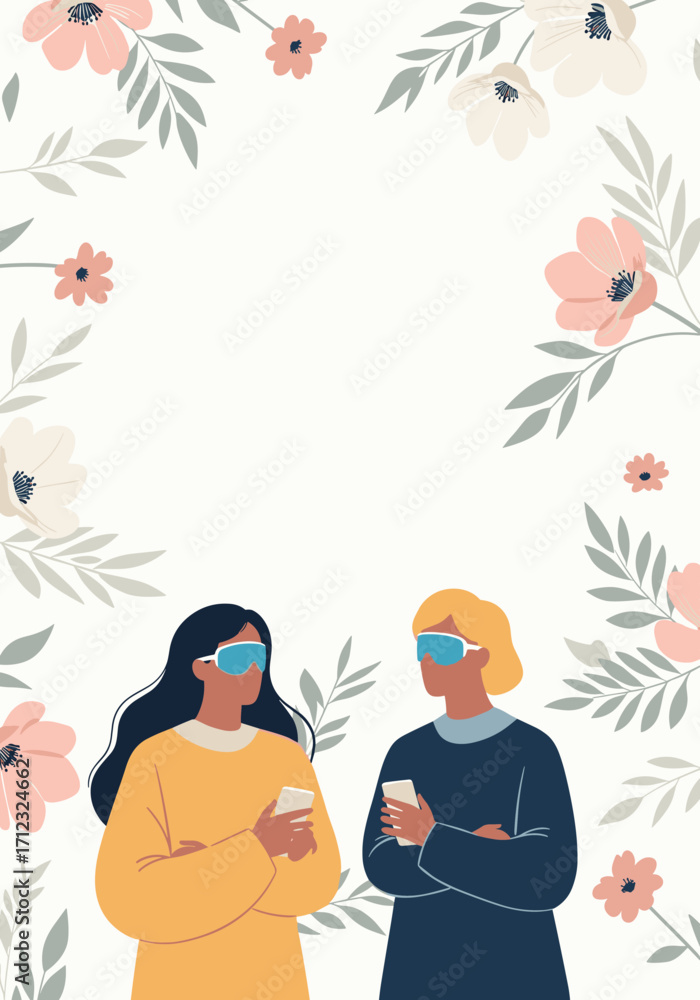 Naklejka premium Two women wearing virtual reality headsets communicating with each other.