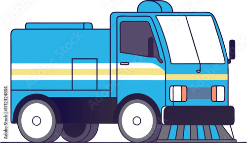 An illustration of a blue street sweeper truck, a vehicle designed for cleaning roads and maintaining urban sanitation