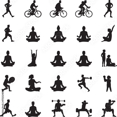 Silhouette collection of people engaged in sports and fitness activities Keywords: running, jogging, cycling, bicycling, yoga, meditation, exercise, fitness, workout, sport, healthy lifestyle