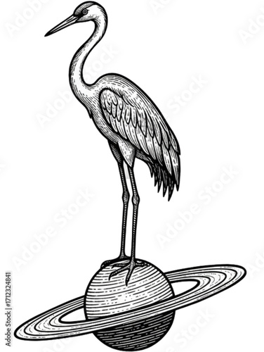 Heron atop planet illustration, celestial journey, and avian wonder