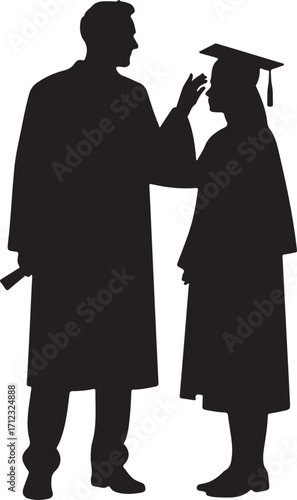 Silhouette of a graduate receiving a diploma from an instructor in a graduation gown and cap teacher