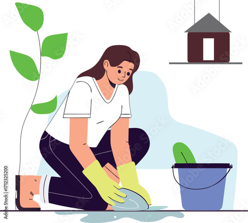 A woman wearing rubber gloves is cleaning the floor with a cloth, with a bucket and a plant nearby, representing household chores or spring cleaning