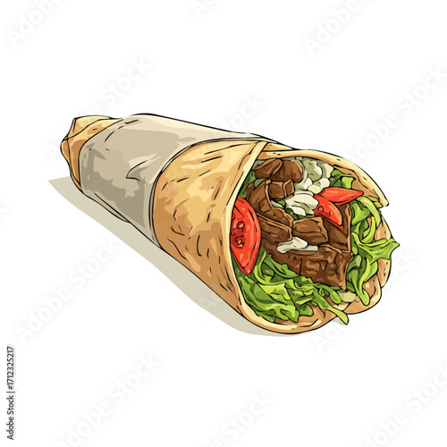 2D flat vector graphic of a Beef Shawarma in icon style, isolated on white background