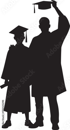 Silhouette of two graduates, one holding a diploma and the other raising a graduation cap academic