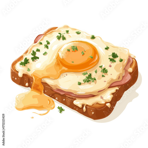 Flat 2D Croque Madame vector illustration, icon graphic on white background