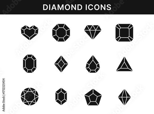 Diamond Icon set. Flat black jewelry icons. Vector illustration