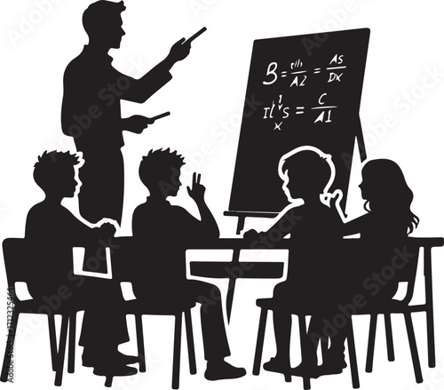 Teacher Explaining Formulas to Students in a Classroom Silhouette Keywords: teacher, students, classroom, education, learning, blackboard, chalk, pointing, sitting, desks, chairs, children, school